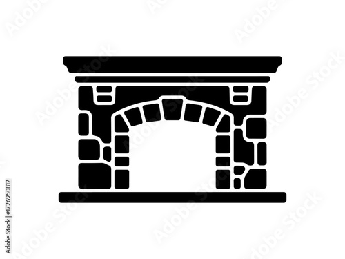Silhouette of traditional fireplace with stone mantel design. Clipart image.