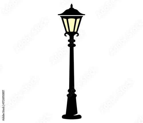 Vintage street lamp silhouette on white background. Clipart image.