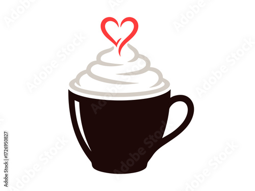 Vector illustration of hot chocolate mug with whipped cream topped with heart shape. Clipart image.