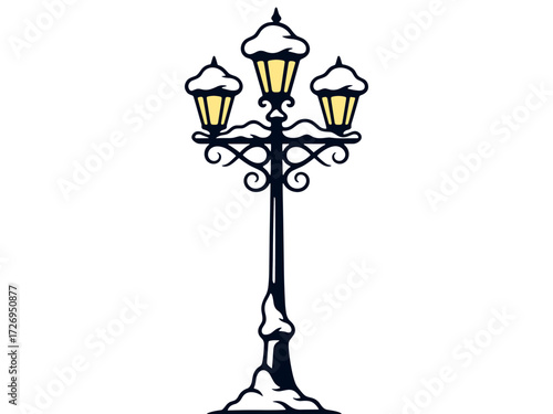 Vintage street lamp covered in snow vector illustration. Clipart image.
