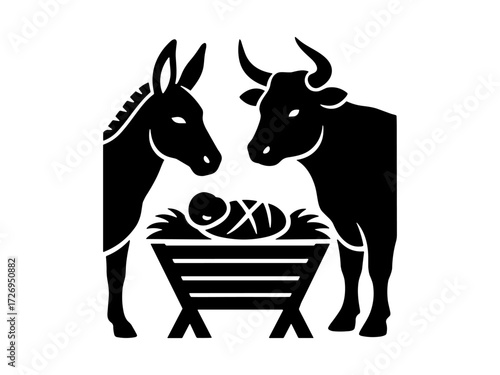 Donkey and ox flanking baby Jesus in manger simple black silhouette for Christmas nativity scene. Clipart image isolated on background.