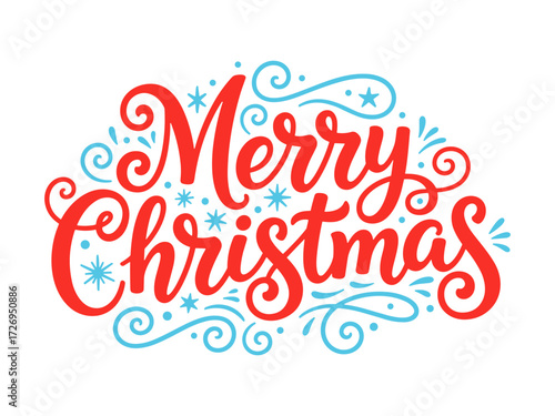 Red and blue Merry Christmas calligraphy with snowflakes decoration. Clipart image.