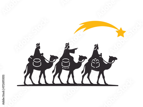 Three Wise Men on camels silhouette following star in night sky. Clipart image.