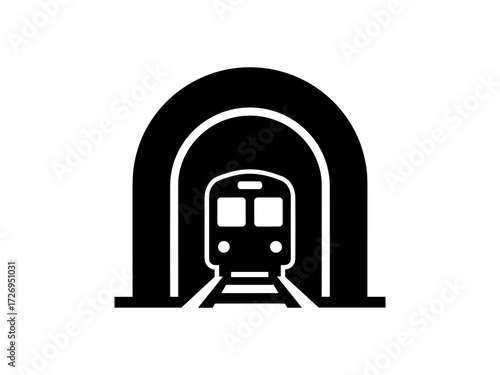 Train emerging from railroad tunnel entrance in silhouette style. Clipart image.