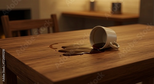 Spilled coffee cup on a wooden table surface creating a liquid spill