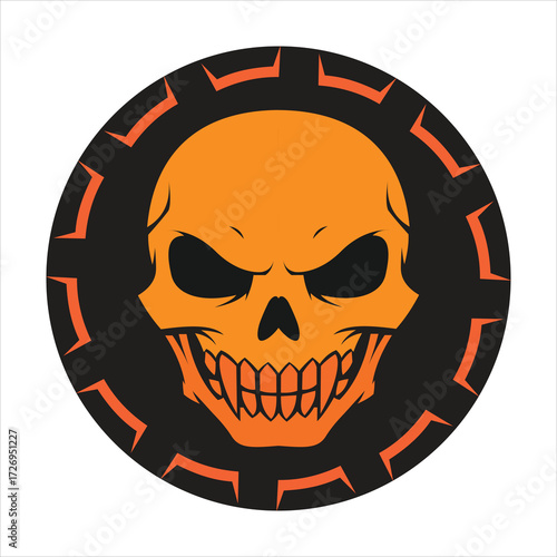 Menacing skull logo with orange accents
