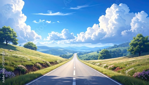 Serene, sunlit highway stretches into soft rolling hills beneath a bright blue sky