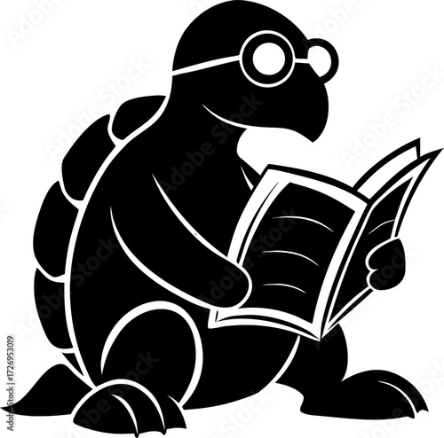 Turtle reading newspaper slowly silhouette  vector black , white background