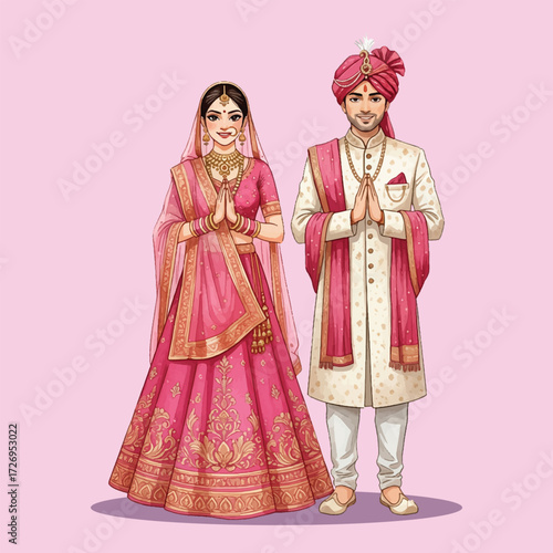 Indian Bride and Groom in Pink Traditional Wedding Attire Illustration
