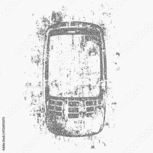 Old push button telephone with retro grain, stipple texture and worn ink details. Faded halftone dots and dusty specks give it a vintage printed surface.