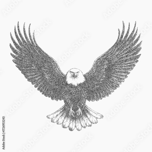 Figure of a flying eagle in motion, ink grit and halftone shadows, paper dust and threshold noise create a strong vintage silhouette with textured edges.