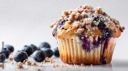 Fresh blueberry muffin topped with crumbly streusel, surrounded by ripe blueberries, perfect for dessert or breakfast.
