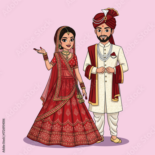 Cartoon Indian Bride and Groom in Traditional Wedding Attire