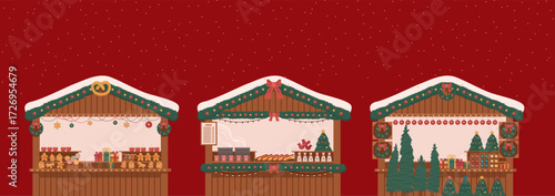 Christmas market wooden stalls at on red background