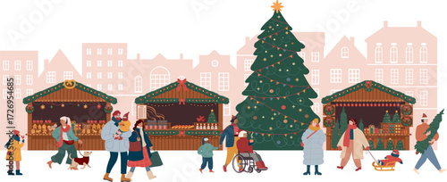 Christmas market with festive tree and people in winter holiday atmosphere