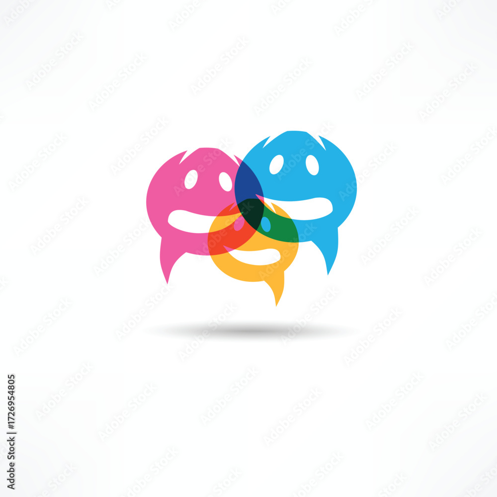 Obraz premium Three colorful speech bubbles symbolize communication and conversation among friends in a playful design