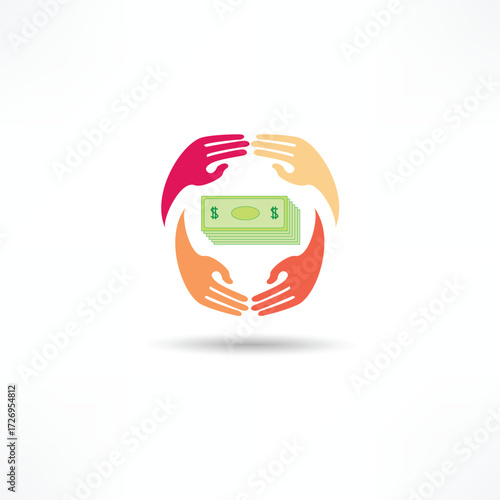 Colorful hands surrounding money symbolize community support and financial growth in a digital age