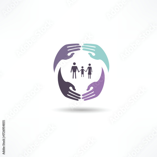 Community support illustrated with hands surrounding a family symbol, emphasizing unity and care