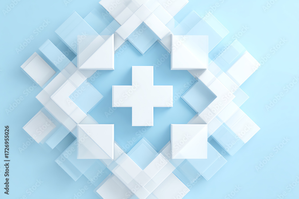 Obraz premium Medical Cross Arrangement: A symbolic healthcare cross, constructed from geometric shapes, arranged in a symmetrical display. The composition features a vibrant interplay of light and shadow. 