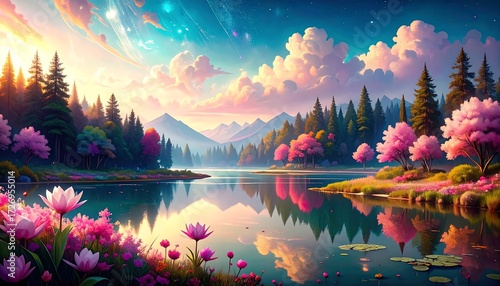 Serene lake scene with vibrant spring colors