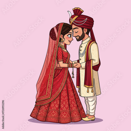 Cute Indian Bride and Groom in Wedding Attire Cartoon Illustration