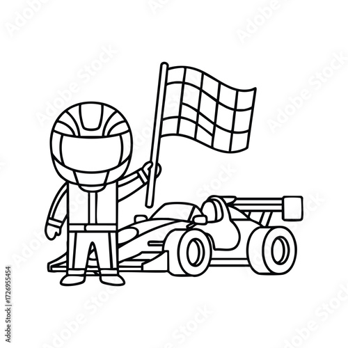 A cheerful racing driver waves a checkered flag beside a sleek race car in a dynamic motorsport scene.
