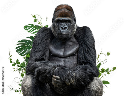  Majestic Silverback Gorilla Amidst Tropical Jungle Leaves Isolated on Transparent Background