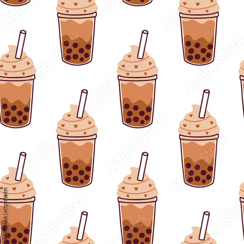 Seamless pattern of brown bubble tea drinks with cream topping and straws. Sweet Asian beverage design for backgrounds and packaging.