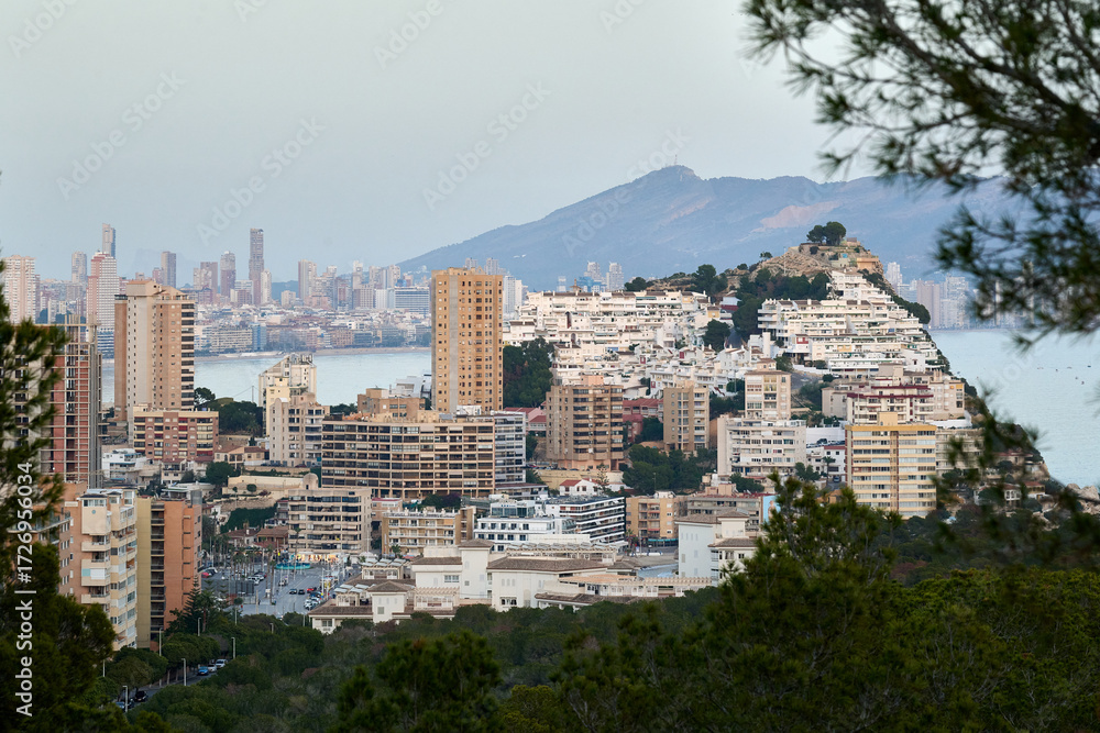 Obraz premium Benidorm urban skyline high rise buildings elevated viewpoint Mediterranean Spain coastal city modern architecture
