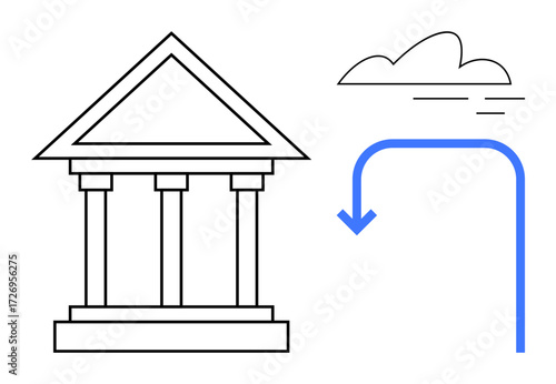 Pillared structure symbolizing government or institution with a cloud and curved arrow. Ideal for governance, change, cloud technology, modernization, institutions, trends, simple flat metaphor