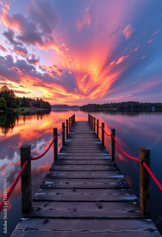 Fototapeta premium Tranquil sunset paints the sky vibrant hues above a still lake, reflecting on a weathered wooden jetty extending into calm waters, peaceful, sunset