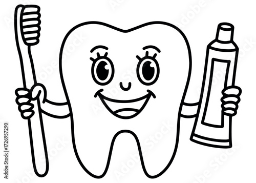 Happy tooth holding toothbrush and toothpaste. Cheerful mascot for oral hygiene, dentistry and kids dental clinic design promoting healthy teeth care.