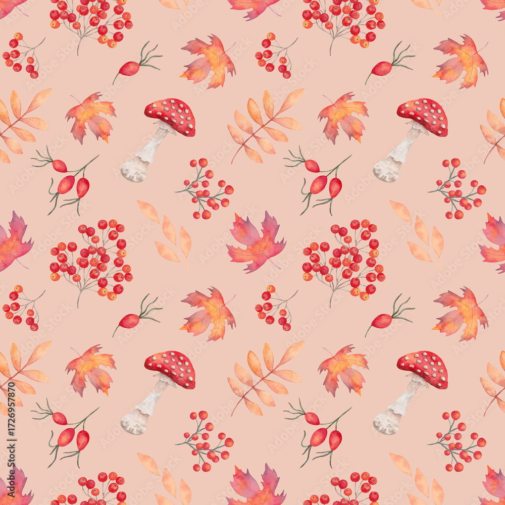 Fototapeta premium Seamless pattern with berries, mushrooms, and leaves. Watercolor illustration. Hand-drawn isolated botanical art. Background with fly agaric, rose hips, rowan, and maple for Thanksgiving and textiles