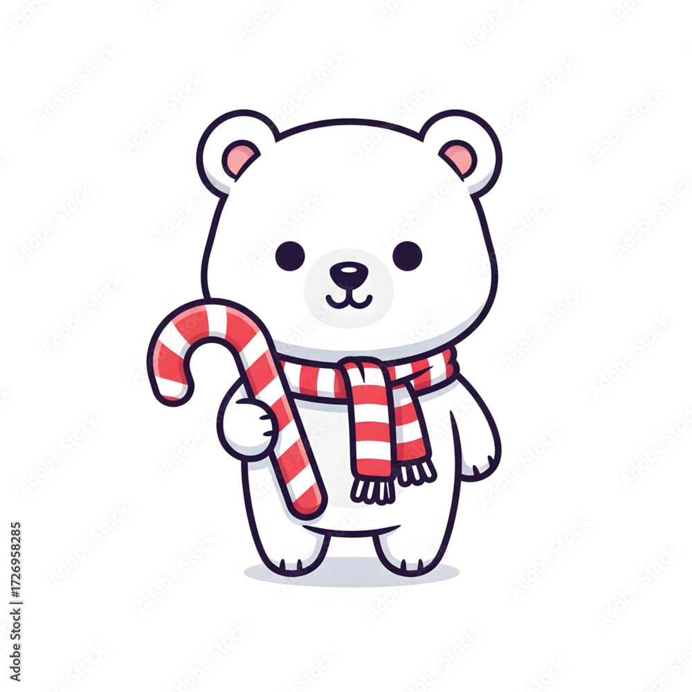 Naklejka premium Cute cartoon polar bear wearing a red and white striped scarf, holding a candy cane