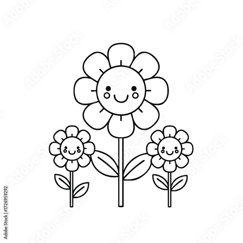 A cheerful arrangement of smiling flowers with friendly faces and vibrant petals in a simplistic style.