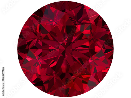 round brilliant-cut gemstone rendered with a focus on red hues. It is likely inspired by a ruby or a red-colored diamond. The design features a faceted pattern design