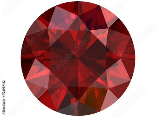 round brilliant-cut gemstone rendered with a focus on red hues. It is likely inspired by a ruby or a red-colored diamond. The design features a faceted pattern design