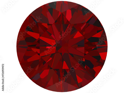round brilliant-cut gemstone rendered with a focus on red hues. It is likely inspired by a ruby or a red-colored diamond. The design features a faceted pattern design