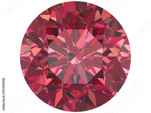 round brilliant-cut gemstone rendered with a focus on red hues. It is likely inspired by a ruby or a red-colored diamond. The design features a faceted pattern design