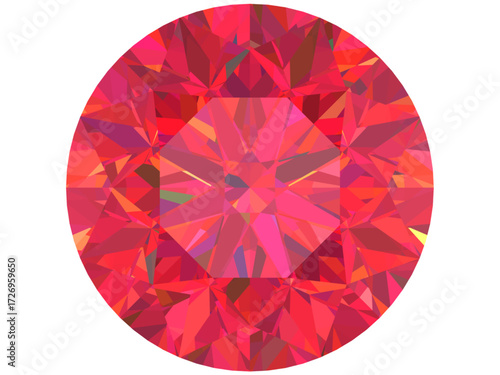 round brilliant-cut gemstone rendered with a focus on red hues. It is likely inspired by a ruby or a red-colored diamond. The design features a faceted pattern design