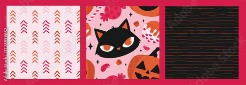 
Three halloween patterns black cat pumpkin candies