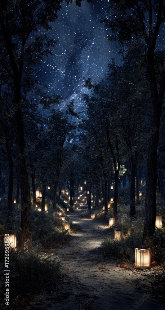 Fototapeta premium Night forest path illuminated by lanterns