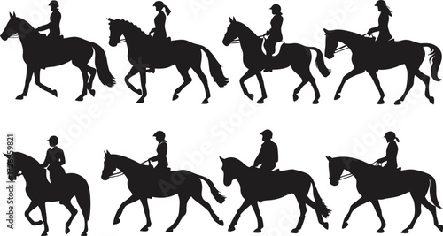 Equestrian silhouettes, horses and riders in motion, showcasing skill and grace, perfect for sports, leisure, or historical themes, timeless and elegant