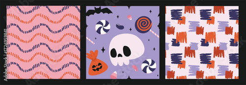 Three halloween patterns skull candies bat