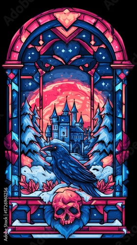 Stylized dark fantasy scene with raven skull castle and stained glass window elements