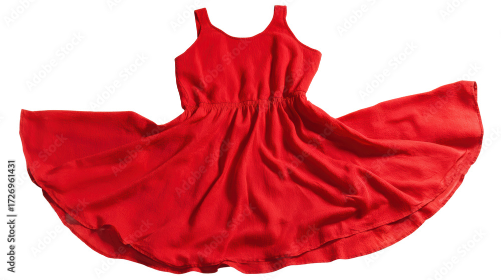 Bright red dress with a flowing skirt, perfect for summer days or special occasions, isolated on white background.