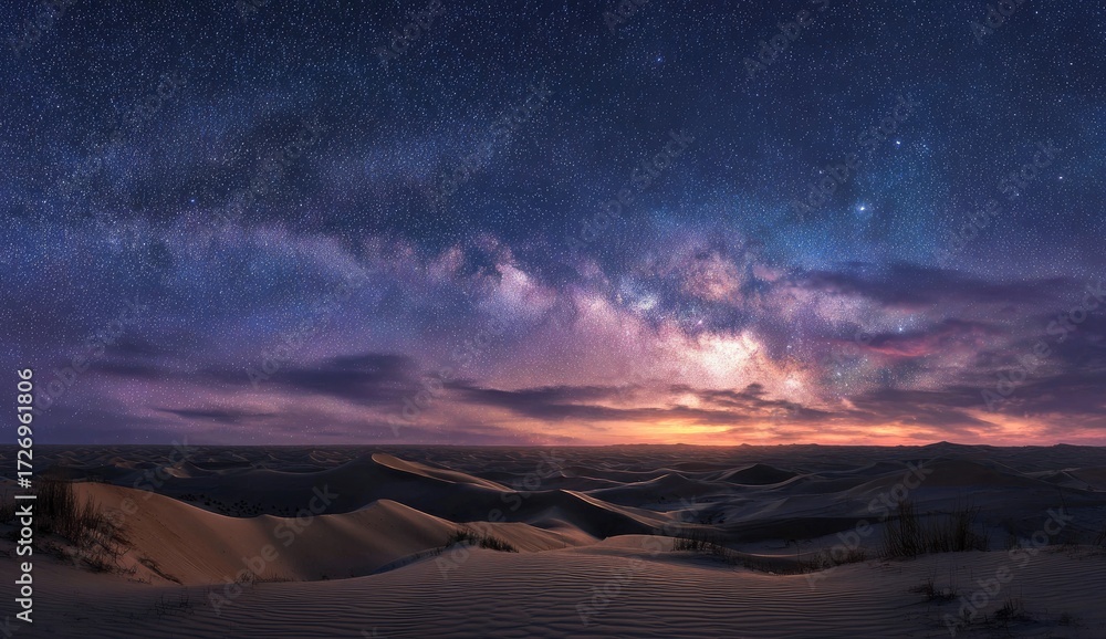 Naklejka premium Vast desert landscape under a vibrant night sky with a vibrant Milky Way