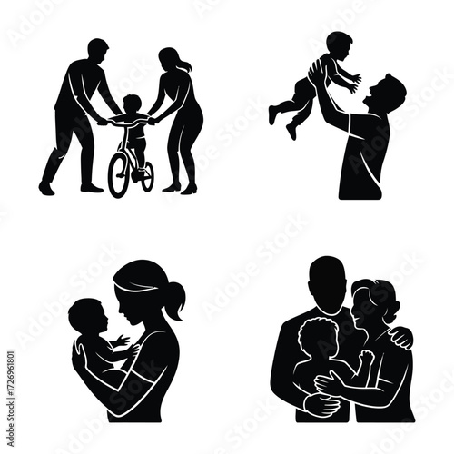 Diverse family moments icons showing love connection bonding parenting togetherness child care happiness