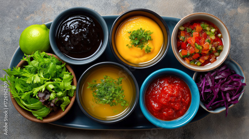 Variety of colorful sauces in ceramic bowls, top view composition on neutral stone background, vibrant condiments and dips arrangement