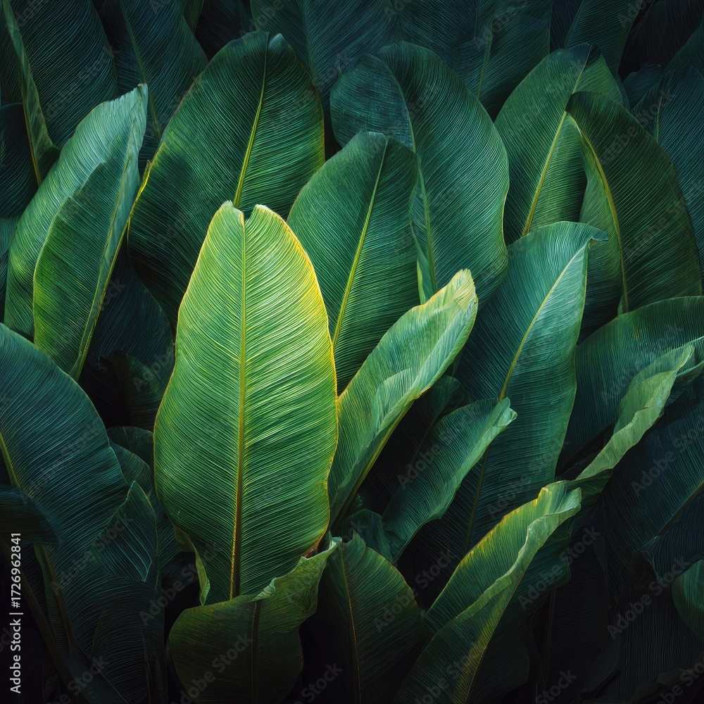 Fototapeta premium Lush green tropical leaves, close-up